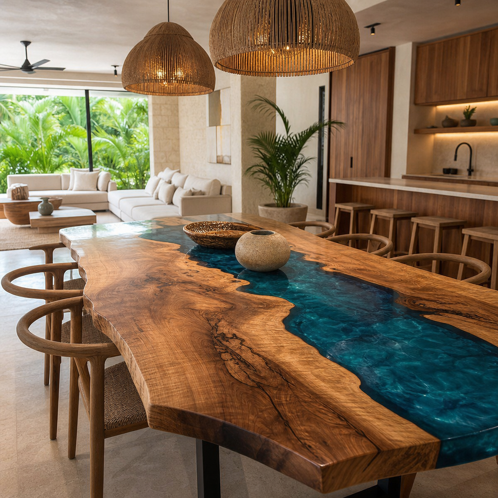 Mesa river table de resina epóxica con efecto océano en un interior de lujo en Playa del Carmen